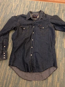 Vintage Wrangler Denim Western Hemd 15x33 USA Made Pearl Snap Extra Long Tail - Bild 1 von 6
