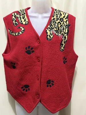 LISA INTERNATIONAL Vest Red Leopard paws 100% Boiled Wool Size L - Image 1 of 4