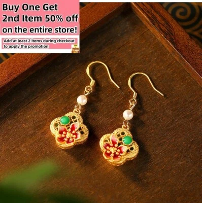 Jade Pearl Dangle Earrings Boho Butterfly Flower Dainty Gemstone 18K Gold Plated - Image 1 of 4