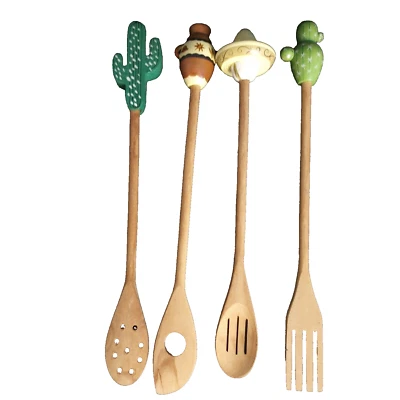 Set of 4 Southwestern Theme Wooden Spoons & Fork Sombrero Cactuses Vase Handles - Image 1 of 4
