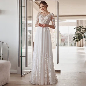 Elegant Half Sleeve A-line Wedding Dresses Lace Applique Bridal Gown Boat Neck - Picture 1 of 11