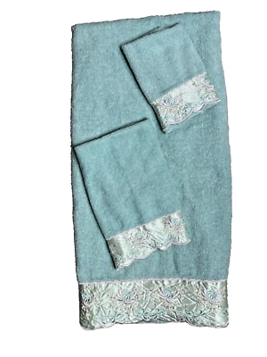 3 Pc Set Cannon Bathroom Bath and Hand Towel Wash Cloth Aqua Blue w Satin Trim - Image 1 of 4