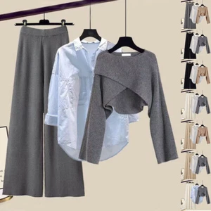 3pcs Knitted Sweater Suit With Shirt And Wide Leg Pants Autumn And Winter Suit W - Picture 1 of 16