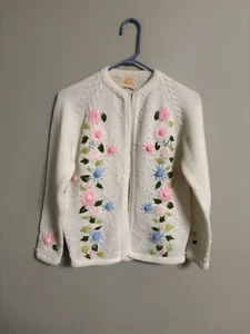 Vintage Women's White Floral Embroidered Cardigan Sweater Medium Granny Cottage - Picture 1 of 6
