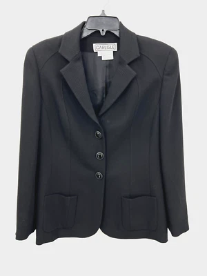 Carlisle Blazer Womens 12 Black Wool Three Button Jacket Career Lined Pockets - Image 1 of 4