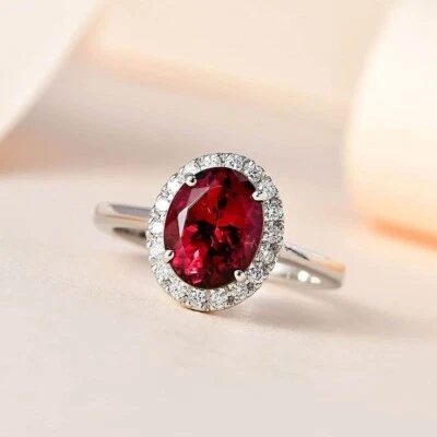 Simulated Red Ruby And White Moissanite Halo Style Women's Ring In 950 Platinum - Image 1 of 4