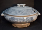 Antique Gray Transferware Ironstone Large Soup Tureen Rhine Pattern 1800s