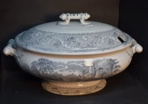 Antik grau Transferware Eisenstein große Suppe Tureen Rhein Muster 1800er - Bild 1 von 15