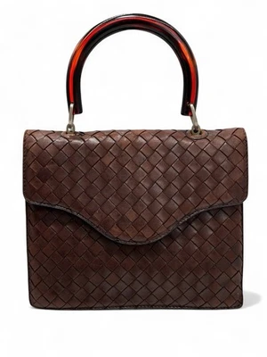 Bottega Veneta Intrecciato Brown Leather Acrylic Top Handle Flap Bag +Mirror Vtg - Image 1 of 4