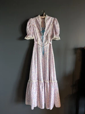 Vintage 70s Handmade Prairie Dress Lavender Swiss Dot Calico Corset Boho Maxi XS - Image 1 of 4