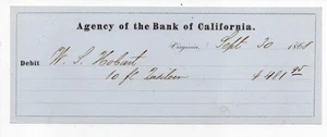 Cheque de débito 1868 de la agencia del Banco de California en Virginia City Nevada - Imagen 1 de 1