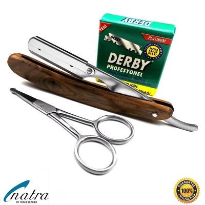Holz Rasiermesser + 100 Derby Rasierklingen Rasierer Rasur Razor + Bartschere  - Bild 1 von 4
