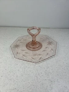 Pink Depression Glass Sandwich Tray Etched Flowers/Stripes Anchor Hocking? - Picture 1 of 10