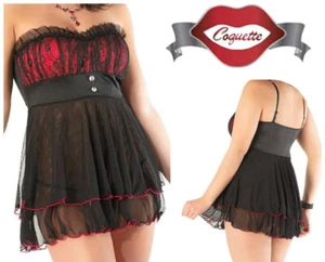 Babydoll Coquette Negro/Rojo Mediano 10-12 Estrás Mujer Chemise COQ-1328 - Imagen 1 de 14