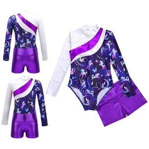 Girls 2Pcs Gymnastic Dance Outfit Long Sleeve Horse Printed Leotards with Shorts - Picture 1 of 17