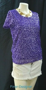 Chicos Top shirt blouse knit t mesh sequins boho short sleeve Chico SZ 1 S M NEW - Picture 1 of 6