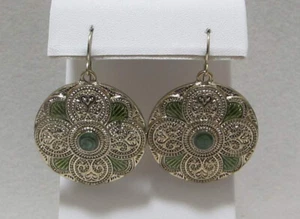 Vtg Textured Gold Tone Medallion Disks Lt Green Enamel Dangle Pierced Earrings M - Picture 1 of 10