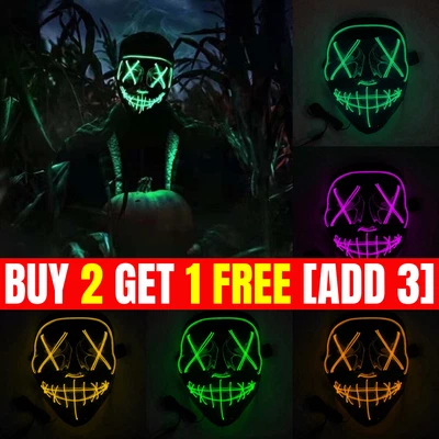 3 Modes LED Mask Neon Stitches Costume Halloween Purge Cosplay Light Up Wire - Image 1 of 4