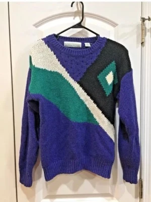 Suéter Retro Vintage Años 80 Azul Blanco Negro Y Verde Cuentas Talla M Foto 1 de 4