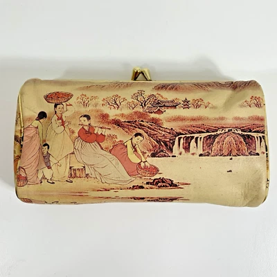 Asian Style Women Near River Folk Art Red Interior + Mirror - Make Up Clutch Bag - Image 1 of 4