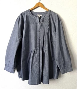 Woman Within 4X Chambray Blue Pintuck Front Tunic Shirt Cotton Fast Shipping - Picture 1 of 11