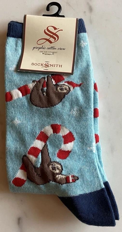 Meias femininas Socksmith Crew Merry Slothmas novidade calçado preguiça bengala doce - Imagem 1 de 4