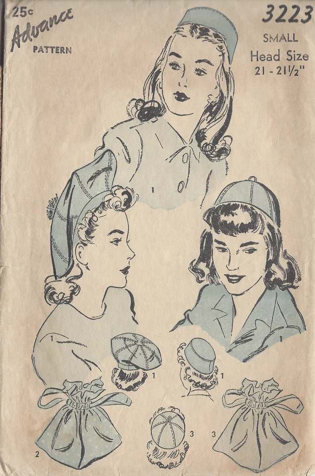 1940s Vintage Sewing Pattern S21"-21 1/2" HAT BAG & BEANIE (1029) - Image 1 of 1