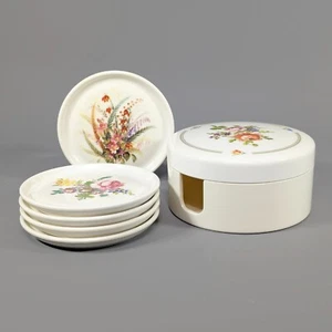 Vintage Melamine Coasters Set Of 5 In Storage Case Floral Country Style Design - Picture 1 of 17