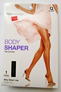 💖 Hanes Body Shaper Pantyhose~Size Q~Black Silky Sheer Leg Sheer Toe - Picture 1 of 2