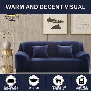 COPRI DIVANO ELASTICIZZATO VELLUTO COPRIDIVANO Slipcover Protettore 1/2/3/4 Posti Blu Navy - Foto 1 di 21