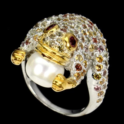 925 Anello Argento Sterling Rotondo Zaffiro Rodolite Perla Gemma Rana Gioielli - Immagine 1 di 4