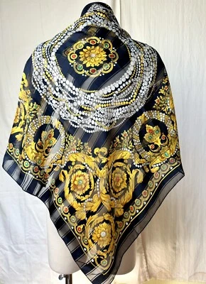 Bufanda cuadrada estilo diseñador blanco dorado azul marino 34x34 poliéster JG HOOK VINTAGE Foto 1 de 4