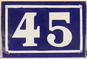 Old blue French house number 45 door gate plate plaque enamel metal sign c1950 - Picture 1 of 1
