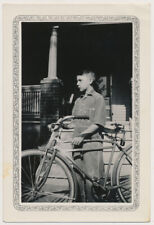 SERIOUS & PROUD TEEN FARM BOY w NEW BICYCLE vtg 1930s DECO BORDER photo STOOP