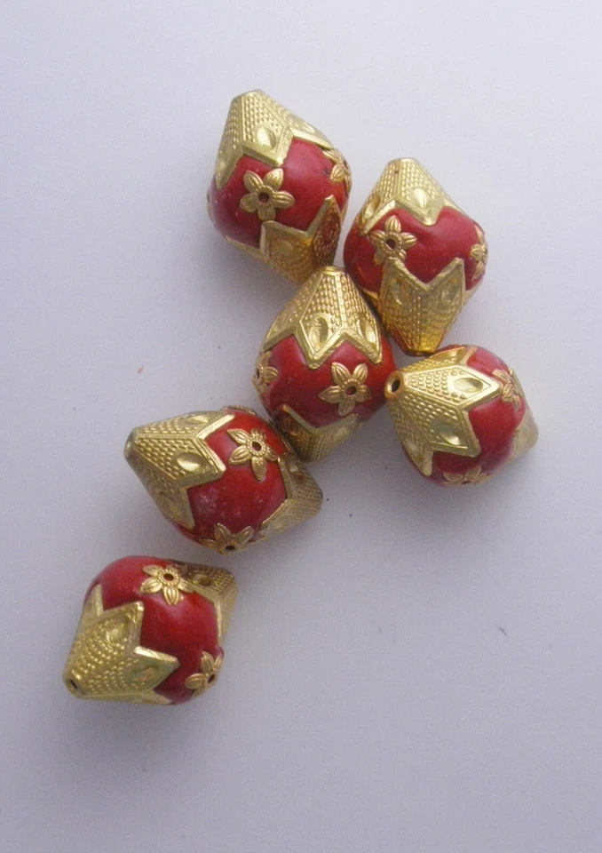 10 CUENTAS HECHAS A MANO INDONESIA LADRILLO REFRACTARIO ROJO CON ORO 30X22MM Foto 1 de 1