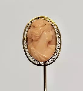 Spilla bastone cammeo in oro giallo 10 carati vintage tenuta intagliata conchiglia rosa chiaro - Foto 1 di 3