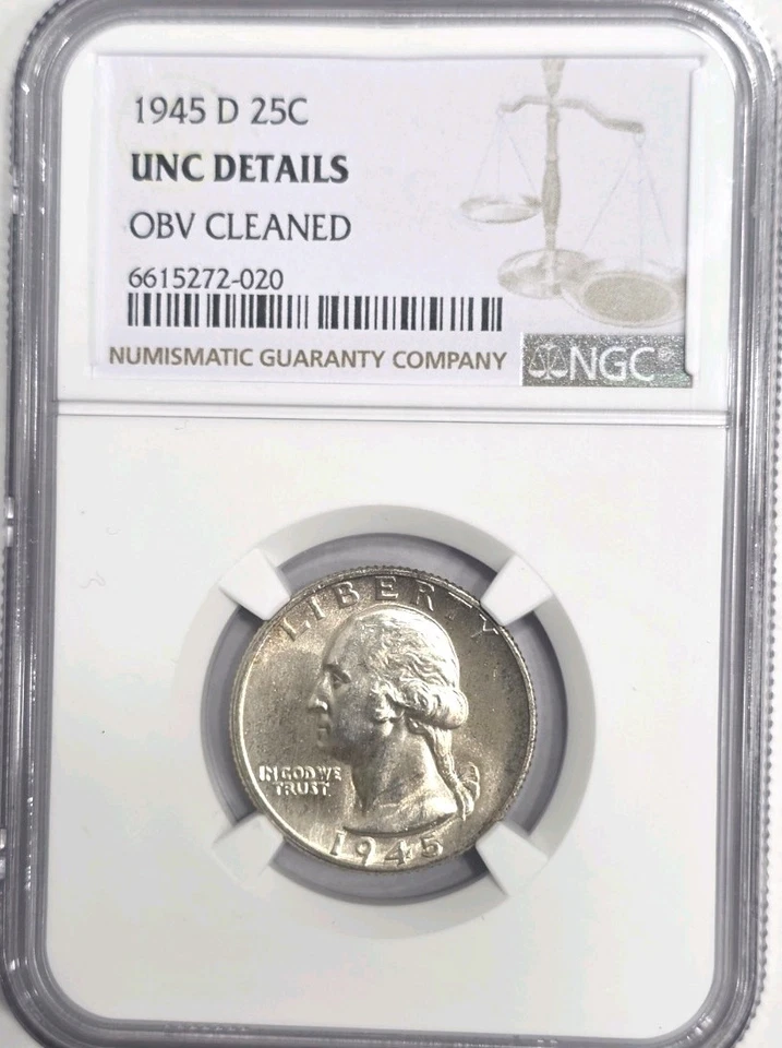 1945-D Washington Quarter Unc Details, Obv Cleaned. Double Die Obverse. - Image 1 of 4