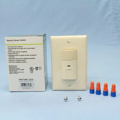 Cooper Almond Manual Passive Infrared Vacancy Sensor 120V 600W VSW-P-0801-120 - Image 1 of 4