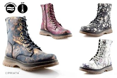 Ladies Womens Memory Foam 8 Eyelet Lace Up Inside Zip Ankle Boots Shoes Size - Image 1 of 4