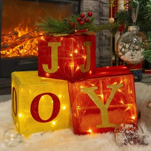Set of 3 Christmas Lighted Gift Boxes, Pre-Lit 60 LED Light up Joy Present Boxes - Picture 1 of 12