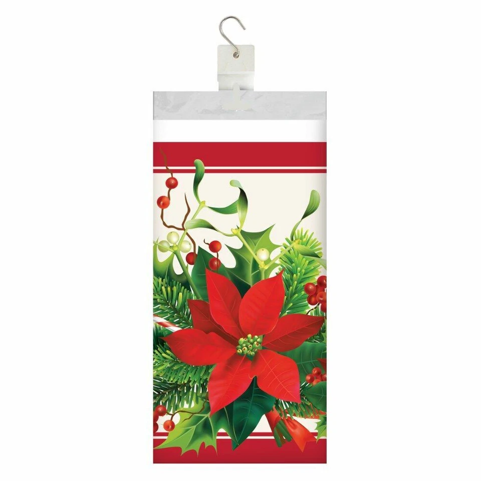 Holiday Poinsettia Plastic Tablecover Border Print 54 x 102 inch - Image 1 of 1