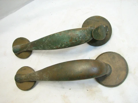 Early Brass Door Handle Set Pr Pull Industrial Office Architectural Thumb Latch Cover