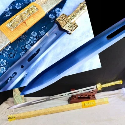 Alta Meng Acero Hoja Afilada China Han Espada Oro Estilo Accesorios Cuero Saya Foto 1 de 4