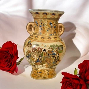 Japanische Satsuma Vase mit Henkeln handbemalt gold vergoldet erhabene Punkte antik - Bild 1 von 9