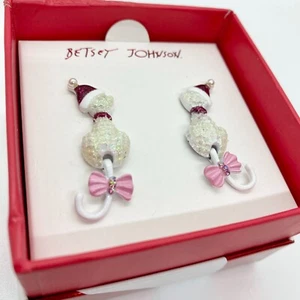 Betsey Johnson Holiday Christmas Santa Hat White Cat Drop Earrings *NEW* Boxed - Picture 1 of 3