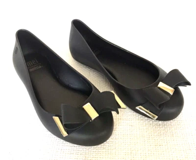 MINI MELISSA Zapatos Niñas Pequeñas Negros Planos Dorado Lazo Talla 11 Jelly Ballet Sin Cordones Foto 1 de 4