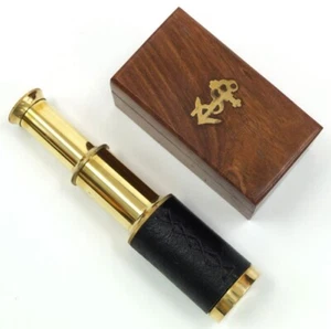 Handheld Leather Brass Telescope Pirate Navigation Spyglass With Wooden Box - Picture 1 of 5