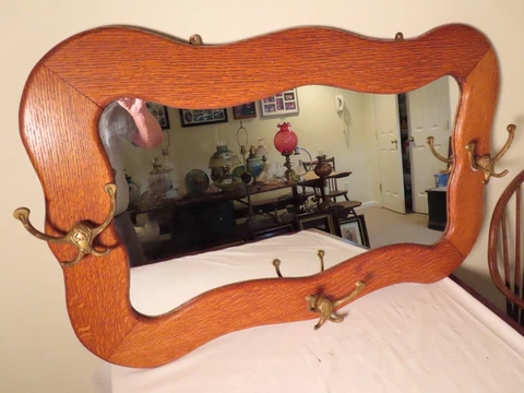 ANTIQUE SHAPED OAK WOOD FRAMED MIRROR W/ 3 METAL HOOKS Cover
