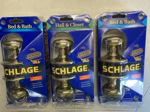 NEW Schlage Bright Brass Door Knob (2 Bed & Bath F40V PLY 605) (1 Hall Closet) - Picture 1 of 1