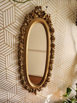MCM Hollywood Regency Gold Oval Wall Mirror Syroco 2324 Floral Roses 25 X 10” - Image 1 of 4